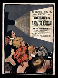 Póster publicitario de las Imágenes Animadas de Tamaño Natural de Edison, Guerras de China y Boer en Curzon Hall, Birmingham